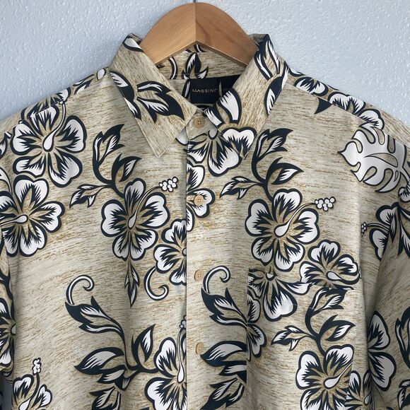 Massini Mens Large Floral Button Up Shirt Short Sleeve Hawaiian Tan Cream - Picture 2 of 7